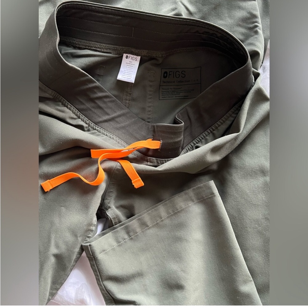Figs Olive Green Scrub Pants with Orange Drawstring